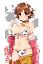 Rule 34 | 1girl, 3:, absurdres, animal ears, animal print, bare shoulders, bell, bikini, black hairband, blonde hair, blush, breasts, brown hair, character name, cleavage, closed mouth, clothes pull, collar, collarbone, cow ears, cow horns, cow print, cowboy shot, earrings, fake animal ears, fake horns, front-tie bikini top, front-tie top, frown, groin, hairband, highres, honda mio, horns, idolmaster, idolmaster cinderella girls, jacket, jewelry, large breasts, long sleeves, looking at viewer, navel, off shoulder, open clothes, open jacket, open shirt, orange skirt, paopao, patterned background, pink jacket, print bikini, ribbon, shirt, short hair, skindentation, skirt, skirt pull, solo, stomach, stud earrings, swimsuit, twitter username, two-tone background, white ribbon, white shirt