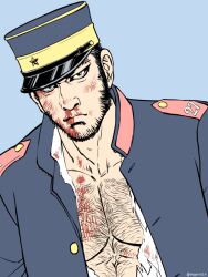 Rule 34 | 1boy, bara, beard, black hair, blood, blood on face, blue jacket, buzz cut, chest hair, collared jacket, facial hair, flat color, golden kamuy, imperial japanese army, jacket, long sideburns, looking at viewer, male focus, mature male, military, military uniform, muscular, muscular male, nipples, nopinzo, nosebleed, open clothes, open jacket, pectoral cleavage, pectorals, shirt, short hair, sideburns, solo, stubble, tanigaki genjirou, thick eyebrows, torn clothes, torn shirt, uniform, very short hair