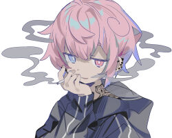 Rule 34 | 1boy, :d, black shirt, blue eyes, bright pupils, cigarette, cowlick, ear ornament, earrings, heterochromia, highres, holding, holding cigarette, jewelry, long sleeves, looking at viewer, male focus, open mouth, original, pink eyes, pink hair, raito-kun (uenomigi), shirt, short hair, shoulder tattoo, sidelocks, simple background, smile, smoke, smug, solo, striped, stud earrings, tattoo, uenomigi, white background, white pupils