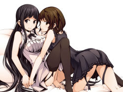 Rule 34 | 2girls, all fours, bare shoulders, black eyes, black hair, black legwear, black vs white, breasts, brown eyes, brown hair, garter straps, holding hands, jewelry, key, large breasts, long hair, looking at viewer, lying, mouth hold, multiple girls, necklace, no shoes, on back, on bed, original, pillow, short hair, simple background, smile, thighhighs, torigoe takumi, very long hair, white background, yuri
