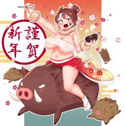 Rule 34 | 1girl, belly, blush, boar, bowl, breasts, chinese zodiac, chopsticks, fang, full body, geta, highres, huge breasts, looking at viewer, muffin top, navel, oozon (ozon), open mouth, original, plump, pointy ears, red eyes, riding, sarashi, smile, tabi, tusks, year of the pig