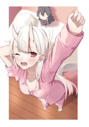 Rule 34 | 1girl, arm behind head, arm up, blurry, blurry background, blush, breasts, character doll, fang, from above, hair between eyes, highres, hololive, horns, koyori000, long hair, looking at viewer, multicolored hair, nakiri ayame, one eye closed, oni, ookami mio, open mouth, pajamas, pink pajamas, red eyes, skin-covered horns, small breasts, solo, standing, stretching, stuffed toy, tears, virtual youtuber, waking up, white hair