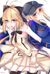 Rule 34 | 2girls, ahoge, artoria pendragon (all), artoria pendragon (fate), back-to-back, bad id, bad pixiv id, baseball cap, blonde hair, blue eyes, dress, fate/grand order, fate/unlimited codes, fate (series), gloves, green eyes, hat, jacket, locked arms, multiple girls, mysterious heroine x (fate), pantyhose, ponytail, rojiura satsuki : chapter heroine sanctuary, saber (fate), saber lily, scarf, shisei (kyuushoku banchou), sleeveless, track jacket