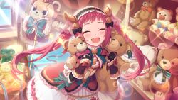 Rule 34 | 1girl, ayane (princess connect!), ayane (real) (princess connect!), bow, closed eyes, dress, hair bow, long hair, official art, open mouth, princess connect!, red hair, stuffed animal, stuffed toy, teddy bear