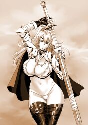 Rule 34 | 1girl, 2024, arm armor, armor, belt, belt buckle, bikini, bikini armor, black gloves, black thighhighs, breasts, buckle, cape, cleavage, fingerless gloves, gloves, hair ornament, holding, holding sword, holding weapon, huge breasts, jewelry, large breasts, lips, looking at viewer, micro bikini, monochrome, navel, original, ponytail, puckered lips, scabbard, sheath, shoulder armor, solo, solo focus, standing, swimsuit, sword, tatsunami youtoku, thick lips, thigh belt, thigh strap, thighhighs, thighs, thong, thong bikini, weapon
