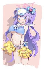 Rule 34 | 1girl, blue archive, blue eyes, blush, bow, breasts, cheerleader, clothes lift, crop top, crop top overhang, cropped legs, fang, hair ornament, halo, hanae (blue archive), hanae (cheer squad) (blue archive), hat, heart, heart hair ornament, highres, large breasts, long hair, looking at viewer, midriff, miniskirt, nemo (leafnight), official alternate costume, open mouth, panties, pom pom (cheerleading), purple hair, sailor collar, simple background, skirt, skirt lift, solo, sweat, two side up, underboob, underwear, very long hair, visor cap, white panties, white sailor collar, x hair ornament