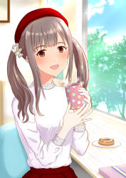Rule 34 | 1girl, :d, blush, box, brown eyes, brown hair, cup, doughnut, food, gift, gift box, hair ornament, hair scrunchie, hat, holding, holding cup, idolmaster, idolmaster cinderella girls, indoors, long hair, looking at viewer, mizumoto yukari, open mouth, red hat, red skirt, scrunchie, sitting, skirt, smile, solo, sparkle, steam, sweater, toufuu, twintails, upper body, white scrunchie, white sweater, window