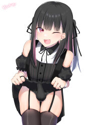 Rule 34 | 1boy, black collar, black garter straps, black hair, black panties, black ribbon, black skirt, black thighhighs, blush, bulge, clothes lift, collar, collared shirt, colored inner hair, crossdressing, earrings, erection, erection under clothes, garter straps, hair ribbon, highres, jewelry, kitajima yuuki, lifting own clothes, looking at viewer, male focus, mole, mole on arm, mole on thigh, mole under eye, multicolored hair, one eye closed, open mouth, original, panties, pink eyes, pink hair, pleated skirt, ribbon, ring, shirt, simple background, skirt, skirt lift, solo, suspender skirt, suspenders, thighhighs, trap, two-tone hair, two side up, underwear, white background