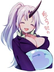 Rule 34 | 1girl, black horns, breast rest, breasts, cleavage, closed eyes, collared shirt, cropped arms, cropped torso, facing viewer, fang, green shirt, highres, horns, jacket, long hair, medium breasts, nosir onadat, open mouth, ponytail, purple hair, purple jacket, rimuru tempest (slime), shion (tensei shitara slime datta ken), shirt, simple background, single horn, skin fang, slime (creature), smile, tensei shitara slime datta ken, white background