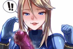 Rule 34 | !, !!, 1boy, 1girl, animal penis, blonde hair, blue bodysuit, blue eyes, blush, bodysuit, bracelet, clenched hand, covered collarbone, eyelashes, hair between eyes, hands up, horse penis, jewelry, looking at viewer, lowres, medium hair, metroid, mole, mole under mouth, nintendo, open hand, out of frame, parted lips, penis, precum, samus aran, sidelocks, simple background, skin tight, solo focus, speech bubble, spoken exclamation mark, super smash bros., sweatdrop, swept bangs, tinnies, upper body, veins, veiny penis, white background, zero suit