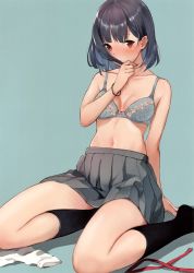 Rule 34 | 1girl, absurdres, arm support, bare shoulders, black hair, black socks, blush, bra, bracelet, breasts, brown eyes, closed mouth, collarbone, doushimasho, hand up, highres, jewelry, looking at viewer, medium breasts, mole, mole under mouth, navel, original, pleated skirt, scan, shadow, short hair, simple background, skirt, socks, solo, stomach, underwear, white socks