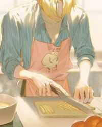 Rule 34 | 1boy, apron, black pants, blonde hair, blue shirt, closed mouth, collared shirt, cooking, holding, holding knife, knife, male focus, one piece, pants, pink apron, runa (nori31291404), sanji (one piece), shirt, short hair, smile, solo