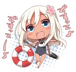 Rule 34 | 1girl, :d, bare arms, bare legs, bare shoulders, blue eyes, bracelet, chibi, commentary request, crop top, flower, hair flower, hair ornament, jewelry, kantai collection, lifebuoy, long hair, nontraditional school swimsuit, one-piece swimsuit, one-piece tan, open mouth, ro-500 (kancolle), sailor collar, school swimsuit, school uniform, serafuku, smile, solo, swim ring, swimsuit, swimsuit under clothes, tan, tanline, torpedo, translation request, yume no owari