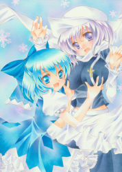 Rule 34 | 2girls, :d, arms up, blue eyes, blue hair, blush, bow, grabbing another&#039;s breast, breasts squeezed together, breasts, chinako, cirno, cleavage, dress, emblem, frills, grabbing, hair bow, hat, impossible clothes, impossible shirt, large breasts, letty whiterock, light purple hair, long skirt, long sleeves, looking at viewer, marker (medium), midriff, multiple girls, open mouth, outdoors, perfect cherry blossom, puffy sleeves, purple hair, scarf, shirt, short dress, short hair, short sleeves, skirt, sky, sleeveless, sleeveless shirt, smile, snowflakes, touhou, traditional media, turtleneck, white scarf