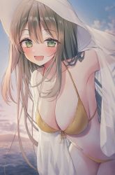Rule 34 | 1girl, :d, arm behind head, arm up, armpits, bare shoulders, bikini, blonde hair, blue archive, blush, breasts, cleavage, cloud, cloudy sky, cowboy shot, evening, front-tie top, halterneck, hat, highres, kuro futoshi, large breasts, leaning forward, long hair, looking at viewer, navel, nonomi (blue archive), nonomi (swimsuit) (blue archive), ocean, open mouth, see-through, see-through shirt, shirt, sidelocks, sky, smile, solo, stomach, swimsuit, thighs, white hat, white shirt, yellow bikini