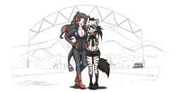Rule 34 | 4girls, :d, ^ ^, aardwolf (kemono friends), aardwolf print, animal ears, animal print, aomushi taro, arm around neck, bare shoulders, black eyes, black hair, black shorts, breasts, brown eyes, cat girl, cleavage, closed eyes, closed mouth, collarbone, commentary request, cutoffs, day, elbow gloves, extra ears, fake tail, feet together, friends, full body, fur collar, fur scarf, gloves, grey hair, hair between eyes, hand on another&#039;s shoulder, hand on own hip, hands up, head tilt, height difference, highres, hippopotamus (kemono friends), hippopotamus ears, jacket, jaguar (kemono friends), jaguar ears, jaguar girl, jaguar print, kemono friends, knees apart feet together, large breasts, long hair, long sleeves, looking at another, looking at viewer, marker (medium), medium hair, millipen (medium), multicolored hair, multiple girls, open mouth, orange hair, otter ears, otter girl, otter tail, outdoors, pants, parted bangs, partially unzipped, ponytail, print gloves, print legwear, print shirt, red hair, scarf, shirt, shoes, short shorts, shorts, side-by-side, sidelocks, sleeveless, sleeveless shirt, small-clawed otter (kemono friends), smile, standing, tail, thigh gap, traditional media, two-tone hair, white hair, zipper, zipper pull tab, |d