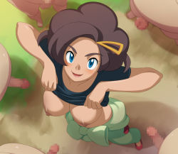 Rule 34 | 10s, 1girl, 5boys, bad id, bad pixiv id, big hair, blue eyes, blush, breasts, brown hair, censored, clothes around waist, creatures (company), dark-skinned female, dark skin, game freak, grace (pokemon), hair ornament, hairclip, jacket, jacket around waist, kira keita, large breasts, looking at viewer, mature female, mosaic censoring, mother (pokemon), multiple boys, nintendo, nipples, parted lips, penis, pokemon, pokemon xy, smile, solo focus, standing