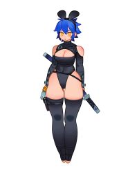 Rule 34 | 1girl, :o, bare shoulders, black hairband, black leotard, black thighhighs, blue hair, breasts, chibi, cleavage, cleavage cutout, clothing cutout, commentary, commission, covered navel, english commentary, eyebrows hidden by hair, full body, hair between eyes, hairband, highres, holding, holding sheath, katana, leotard, medium breasts, mole, mole under eye, monster l (hochihochiha), orange eyes, original, parted lips, sheath, sheathed, shoulder cutout, simple background, solo, standing, sword, thighhighs, weapon, white background