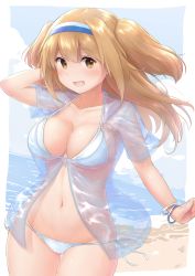 Rule 34 | 1girl, :d, beach, bikini, blonde hair, blue sky, blush, bracelet, breasts, brown eyes, cloud, commentary request, day, hairband, highres, i-26 (kancolle), jewelry, kantai collection, long hair, looking at viewer, medium breasts, navel, ocean, open mouth, sand, see-through, side-tie bikini bottom, sky, smile, solo, stomach, swimsuit, two side up, wamu (chartreuse), white bikini