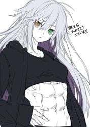 Rule 34 | 1girl, abs, breasts, coat, commentary request, crop top, dodome ichika, gift art, green eyes, hair between eyes, heterochromia, long sleeves, looking at viewer, messy hair, midriff, muscular, muscular female, navel, original, ribs, silver hair, simple background, small breasts, solo, translation request, upper body, waka (shark waka), white background, yellow eyes