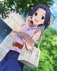 Rule 34 | 10s, 1girl, ahoge, artist request, bag, belt, blue hair, blue sky, blush, breasts, building, day, holding, idolmaster, idolmaster (classic), idolmaster million live!, idolmaster million live! theater days, jewelry, map, miura azusa, necklace, official art, open mouth, outdoors, red eyes, short hair, skirt, sky, sleeveless, smile, solo, tree