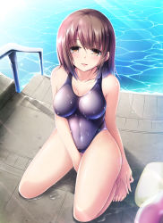 Rule 34 | 1girl, akatuti, bare shoulders, barefoot, blush, breasts, brown eyes, brown hair, competition swimsuit, highres, kneeling, looking at viewer, one-piece swimsuit, original, parted lips, railing, short hair, smile, solo, swimsuit, water, wet, wet clothes, wet swimsuit