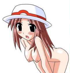 Rule 34 | 1girl, blush, breasts, brown hair, copo deluxe, creatures (company), female focus, game freak, green (pokemon), hat, leaf, nintendo, nipples, nude, pokemon, simple background, solo, white background