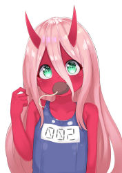 Rule 34 | 10s, 1girl, aged down, atg (wttoo0202), child, colored skin, darling in the franxx, flat chest, green eyes, hair between eyes, horns, long hair, looking at viewer, mouse (animal), mouth hold, name tag, one-piece swimsuit, pink hair, red skin, school swimsuit, simple background, solo, swimsuit, upper body, white background, zero two (darling in the franxx)