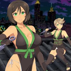 Rule 34 | 2girls, black kimono, breasts, brown hair, building, challengia, city, cityscape, cleavage, cloud, cloudy sky, crotch, dark-skinned female, dark skin, elbow gloves, fingerless gloves, gloves, green eyes, heterochromia, holding, holding weapon, honchan, japanese clothes, kimono, kunai, large breasts, looking at viewer, maichan, multiple girls, nchans, nchans style, night, night sky, ninja, official art, open mouth, orcaleon, panties, rooftop, short hair, sky, small breasts, thighhighs, underwear, weapon, white panties
