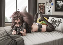 Rule 34 | 1girl, absurdres, ahoge, animal ear fluff, ass, bed sheet, beetle, black nails, black shirt, black shorts, black thighhighs, blanket, blush, bracelet, breasts, brown eyes, brown hair, bug, collar, commission, cross, feet, feet up, fishnets, full body, hair ornament, hairclip, heart, heart ahoge, heart hair ornament, highres, insect, jewelry, legs, lobsteranian, long hair, looking at viewer, lying, medium breasts, multiple rings, nail polish, no shoes, off shoulder, on bed, on stomach, original, pepe the frog, pillow, poster (object), ring, shirt, short shorts, shorts, single bare shoulder, soles, solo, spiked bracelet, spikes, tail, thighhighs, toes, x hair ornament