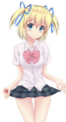 Rule 34 | 1girl, blonde hair, blue eyes, blue ribbon, blue skirt, blush, bow, breasts, closed mouth, collared shirt, commentary request, diagonal stripes, gluteal fold, hair between eyes, hair ribbon, head tilt, highres, looking at viewer, medium breasts, microskirt, mimikaki (men bow), original, pink bow, plaid, plaid skirt, pleated skirt, ribbon, school uniform, shirt, short sleeves, simple background, skirt, skirt hold, smile, solo, striped, thigh gap, two side up, white background, white shirt