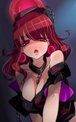 Rule 34 | bare shoulders, black shirt, blush, breasts, chain, chain between breasts, choker, cleavage, clothes writing, collarbone, crop top, earrings, full-face blush, hecatia lapislazuli, highres, jewelry, large breasts, parted lips, pointy ears, raptor7, red eyes, red hair, shirt, short hair, short sleeves, solo, touhou