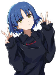 Rule 34 | 1girl, black shirt, blue hair, bocchi the rock!, breasts, closed mouth, collared shirt, double w, earrings, hair ornament, hairclip, highres, jewelry, long sleeves, looking at viewer, medium breasts, mole, mole under eye, shirt, short hair, sleeves past wrists, solo, upper body, w, white background, yakkl, yamada ryo, yellow eyes