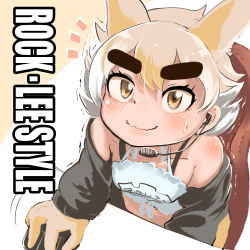 Rule 34 | animal ears, black jacket, blonde hair, coyote, coyote (kemono friends), english text, gloves, highres, jacket, kemono friends, kemono friends v project, mcgunngu, necktie, shirt, shoes, short hair, skirt, smile, tail, virtual youtuber, wavy mouth, white shirt, wolf ears, wolf tail, yellow eyes, yellow gloves