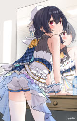 Rule 34 | 1girl, ass, bare shoulders, black hair, blush, bun cover, costume, eluthel, from behind, hair bun, highres, idolmaster, idolmaster shiny colors, looking at viewer, looking back, mirror, morino rinze, red eyes, reflection, short hair, short shorts, shorts, single hair bun, solo, thighhighs