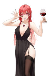 Rule 34 | 1girl, absurdres, black dress, black thighhighs, breasts, cross tattoo, cup, dress, drinking glass, facial tattoo, garter straps, grin, hands up, highres, holding, holding cup, jewelry, ki-16, long hair, medium breasts, necklace, original, plunging neckline, red eyes, red hair, sharp teeth, side slit, simple background, slit pupils, smile, solo, tattoo, teeth, thighhighs, waving, white background, wine glass