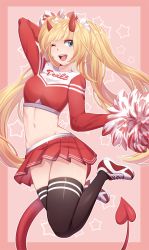 Rule 34 | 1girl, ;d, bange, black thighhighs, blonde hair, blue eyes, cheerleader, clothes writing, commission, crop top, demon girl, demon horns, demon tail, english text, fang, highres, horns, iwbitu, jumping, long hair, long sleeves, midriff, miniskirt, navel, one eye closed, open mouth, original, panties, pantyshot, pink background, pleated skirt, pom pom (cheerleading), red shirt, red skirt, shirt, shoes, skirt, smile, sneakers, solo, star (symbol), tail, thighhighs, twintails, underwear, very long hair, white panties