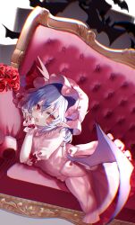Rule 34 | 1girl, back bow, bat (animal), bat wings, blue hair, blush, bow, commentary, couch, dress, dutch angle, fang, feet out of frame, flower, hat, hat ribbon, long hair, looking at viewer, lying, mob cap, on couch, on stomach, open mouth, own hands together, pink dress, pink hat, pointy ears, puffy short sleeves, puffy sleeves, red bow, red eyes, red flower, red ribbon, red rose, remilia scarlet, ribbon, rose, sakizaki saki-p, short sleeves, skin fang, solo, touhou, twitter username, wings, wrist cuffs