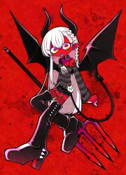 Rule 34 | 1girl, arm tattoo, black bra, blue tongue, boots, bra, bra strap, braid, cheek piercing, collar, colored skin, colored tongue, demon girl, demon horns, demon tail, demon wings, ear piercing, earrings, funamusea (artist), grey shirt, heart, heart tattoo, holding trident, horns, jewelry, nail polish, off-shoulder shirt, off shoulder, open mouth, orange eyes, original, piercing, pointy ears, polearm, red background, red skin, shirt, shorts, skull, solo, striped clothes, striped shirt, tail, tattoo, trident, underwear, weapon, white hair, white nails, wings