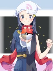 Rule 34 | 2girls, akari (pokemon), beanie, black hair, blush, bracelet, clenched hand, closed mouth, commentary request, creatures (company), dawn (pokemon), floating scarf, game freak, grey eyes, hair ornament, hairclip, hat, highres, holding, holding poke ball, jewelry, long hair, long sleeves, looking at viewer, mitama pk1027, multiple girls, nintendo, poke ball, poke ball (basic), poke ball (legends), pokemon, pokemon dppt, pokemon legends: arceus, red scarf, scarf, sleeveless, smile, sparkle, split theme, white headwear