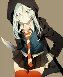 Rule 34 | 1girl, blue eyes, blue hair, collarbone, commentary, frown, gloves, gradient hair, hood, looking at viewer, matching hair/eyes, multicolored hair, necktie, newo (shinra-p), original, pleated skirt, red thighhighs, skirt, solo, striped necktie, striped neckwear, sweater vest, sword, thighhighs, weapon, white gloves, white hair, zettai ryouiki