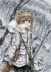 Rule 34 | 1girl, :&lt;, absurdres, animal ears, bag over shoulder, brown eyes, brown hair, forest, fox ears, fox girl, fox girl (yihan1949), fox tail, gloves, highres, holster, looking at viewer, nature, original, ponytail, snow, snowing, solo, standing, steam from mouth, tail, winter clothes, yihan1949
