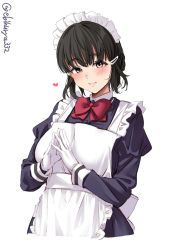 Rule 34 | 1girl, apron, blush, bow, bowtie, character request, dress, ebifurya, frills, gloves, hair ornament, hairclip, heart, highres, kantai collection, looking at viewer, maid, maid apron, maid headdress, myoukou (kancolle), one-hour drawing challenge, puffy sleeves, red bow, red bowtie, ribbon, short hair, simple background, smile, solo, twitter username, white background, white gloves