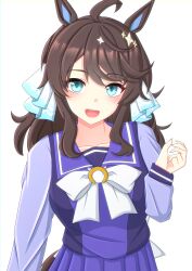 Rule 34 | 1girl, 2-butani, absurdres, ahoge, animal ears, blue eyes, blush, breasts, commentary request, daring tact (umamusume), hair between eyes, hair ornament, highres, horse ears, horse girl, long hair, looking at viewer, medium breasts, open mouth, ribbon, school uniform, solo, tracen school uniform, umamusume, white background