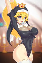 Rule 34 | 1girl, arms up, artist name, black dress, blonde hair, blue eyes, blurry, blurry background, breasts, candle, candlestand, covered collarbone, covered navel, cowboy shot, crown, darkmoney, dated, dress, earrings, eyelashes, female focus, glint, gold trim, habit, hair tie, highres, indoors, jewelry, large breasts, lips, long hair, looking at viewer, mario (series), nintendo, nun, open mouth, panties, pelvic curtain, pink lips, pink panties, ponytail, princess peach, shiny skin, short sleeves, side slit, smile, solo, standing, star (symbol), starry background, super mario bros. 1, taut clothes, teeth, thighhighs, tongue, underwear, upper teeth only, white thighhighs