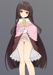 Rule 34 | 1girl, black background, black hair, black skirt, blunt bangs, bow, bowtie, breasts, brown eyes, closed mouth, clothes lift, commentary request, feet out of frame, frilled skirt, frills, hekkmushi, highres, hime cut, houraisan kaguya, legs, lifting own clothes, long hair, long sleeves, looking at viewer, medium breasts, panties, pink shirt, red eyes, red pupils, shirt, simple background, skirt, skirt lift, smile, solo, touhou, underwear, very long hair, white panties, wide sleeves, yellow bow, yellow bowtie