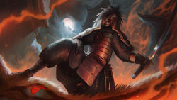 Rule 34 | 1boy, absurdres, animal, armor, black hair, dou, fox, gloves, glowing, glowing eyes, hair over one eye, highres, holding, holding sword, holding weapon, japanese armor, japanese clothes, katana, kitsune, kote, kusazuri, long hair, mitsudomoe (shape), multiple tails, one eye covered, oversized animal, red armor, shoulder armor, sode, solo, sword, tail, thearkon, tomoe (symbol), weapon