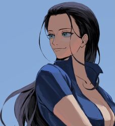 Rule 34 | 1girl, black hair, blue background, blue eyes, blue jacket, commentary, english commentary, jacket, long hair, looking back, loose hair strand, nico robin, one piece, simple background, smile, tsumoos, unfinished, upper body