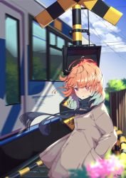 Rule 34 | 1girl, alternate costume, blue sky, blurry, casual, cloud, cloudy sky, day, depth of field, fence, flower, gradient hair, highres, hololive, hololive english, house, jl tan, long hair, motion blur, multicolored hair, orange hair, outdoors, power lines, railing, railroad crossing, railroad tracks, reflection, scarf, signature, sky, solo, takanashi kiara, train, tree, virtual youtuber, wind