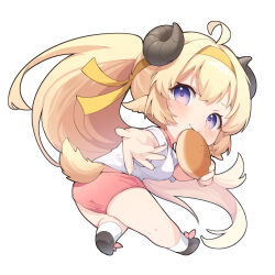 Rule 34 | 1girl, ahoge, alternate costume, alternate hairstyle, animal ears, beckoning, blonde hair, blush, bread eating race, buruma, chibi, closed mouth, commentary, curled horns, eat some cookie, food, gym uniform, headband, highres, holding, holding food, hololive, horns, leaning forward, lifted by tail, long hair, looking at viewer, mouth hold, ponytail, purple eyes, reaching, reaching towards viewer, red buruma, sheep ears, sheep girl, sheep horns, sheep tail, shirt, simple background, smile, socks, solo, t-shirt, tail, tsunomaki watame, very long hair, virtual youtuber, white background, white headband, white shirt, white socks